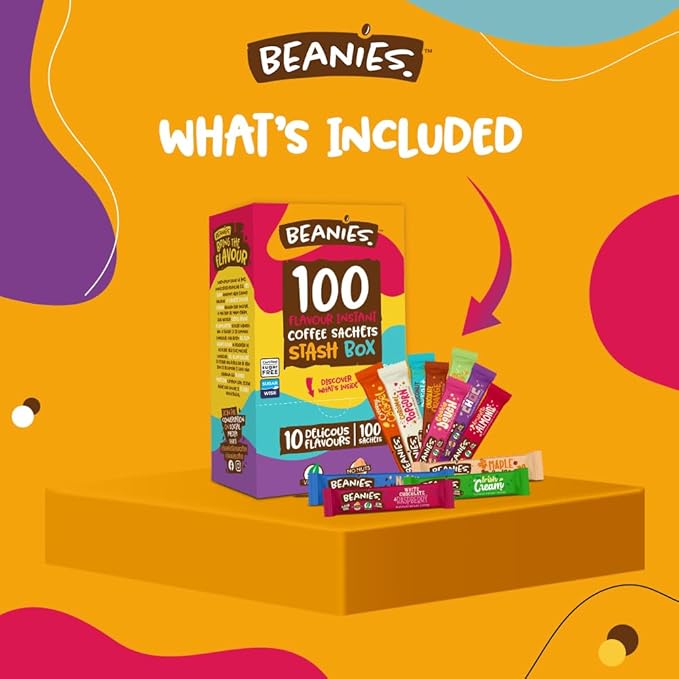 Beanies 100 Instant Coffee Packets – Variety Pack - Individual Coffee Singles – 10 Flavors for A Bold &amp Adventurous Coffee Gift Basket100 Stick Mix