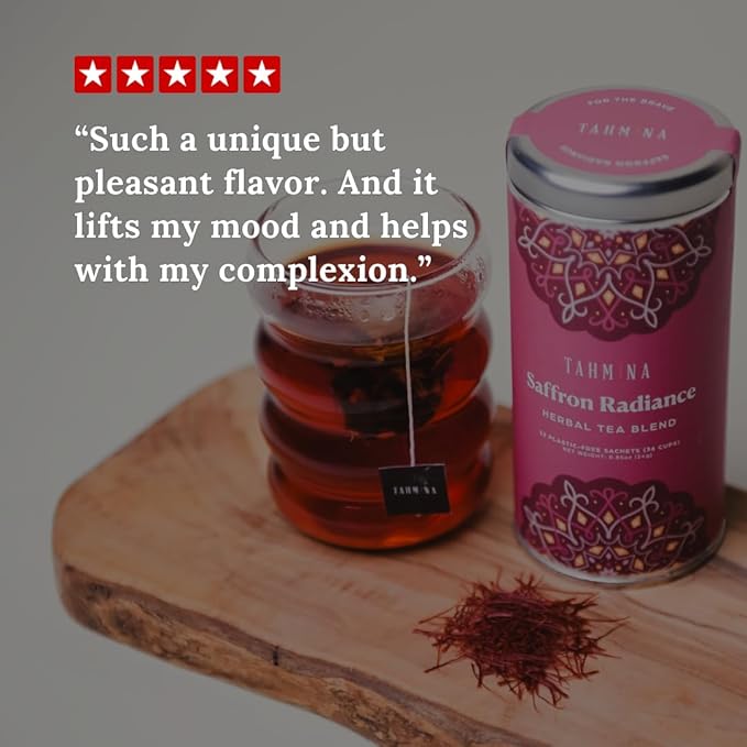 Tahmina Saffron Radiance Caffeine Free Tea: Calming Hibiscus and Rose with Saffron 12 Biodegradable Pyramid Tea Bags Makes 36 Cups of Tea (1 Pack)
