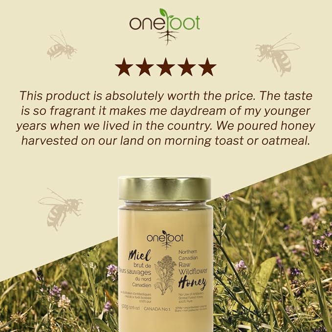 Oneroot 100% Canadian Wildflower Honey - 1.1 lbs Unheated &amp Creamed - Nutrient-Rich Natural Sweetener with Enzymes - Thick &amp Pure Raw Unfiltered Honey