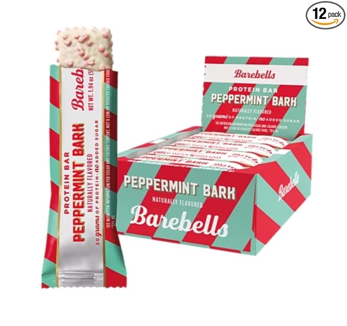 Barebells Protein Bars Peppermint Bark - 12 Count 20g Protein Creamy Vanilla Nougat with 1g Sugar White Chocolate Coated Snack for Breakfast or Post-Workout