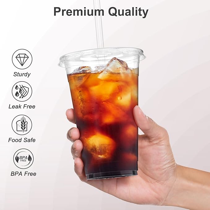 100 Pack - 24 oz Clear Plastic Cups with Lids and Straws Sturdy &amp Food Safe Iced Coffee Cups with lids Disposable Plastic Smoothie Cups for Cold Drinks