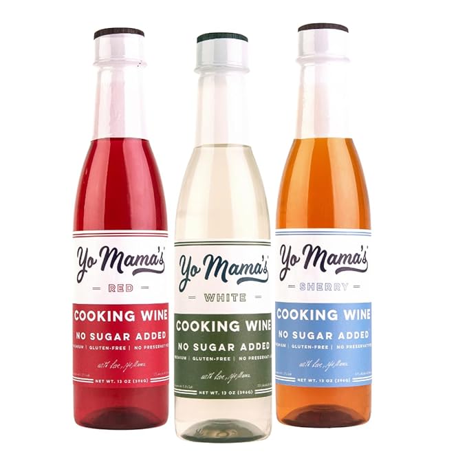 Yo Mama's Foods Premium Cooking Wines Variety Pack | (3) 13 Ounce Bottles | White (1) Sherry (1) and Red (1) No Sugar Added Gluten Free No preservatives Use for Cooking Marinades &amp Dressings