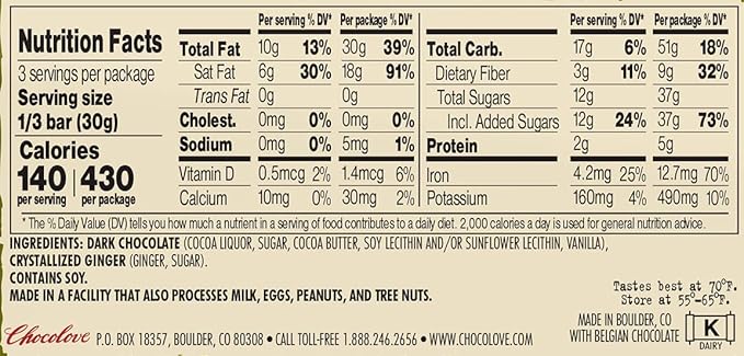 Chocolove Chocolate Bar Ginger Crystallized in Dark Chocolate 3.2 Ounce (Pack of 12)