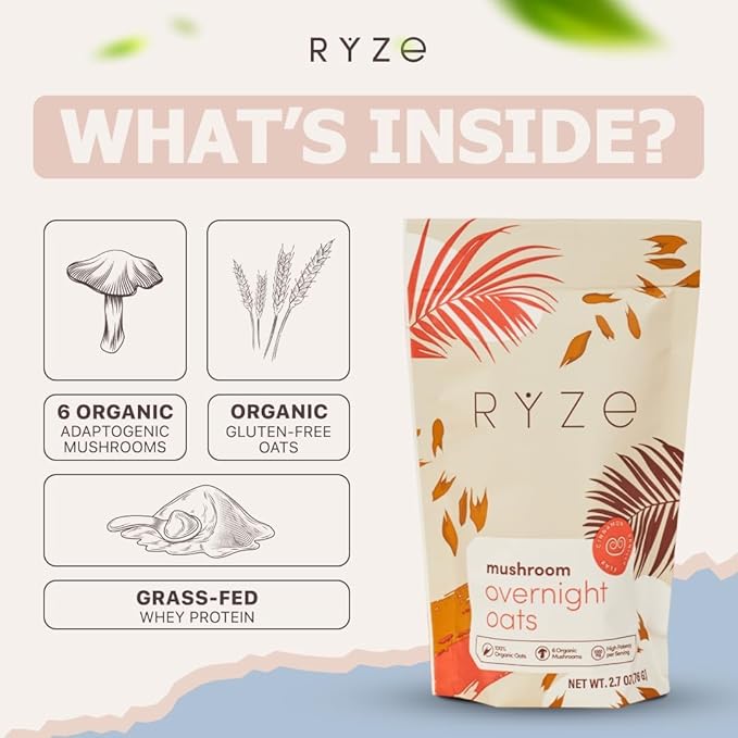 RYZE SUPERFOODS Mushroom Protein Overnight Oats Oatmeal with 6 Adaptogenic Mushrooms and 20g Grass-Fed Whey Protein &amp Chia Seeds Lions Mane Turkey Tail Shiitake Reishi Healthy Breakfast 7 s