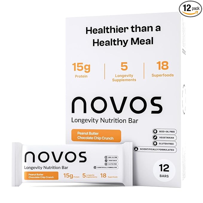 Novos Longevity Protein Bar | 15g Protein 20 Superfoods 5 Longevity Ingredients for Men &amp Women | Supports Skin Mind &amp Mood | Peanut Butter (12-Pack)