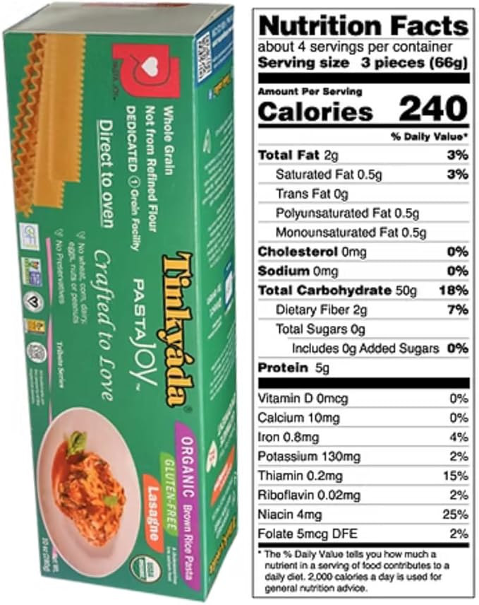 Tinkyada Organic Gluten-Free Brown Rice Pasta Variety Pack 8 Pack – Elbow Spaghetti Lasagne &amp Penne – Certified Organic Wheat-Free Made from Brown Rice