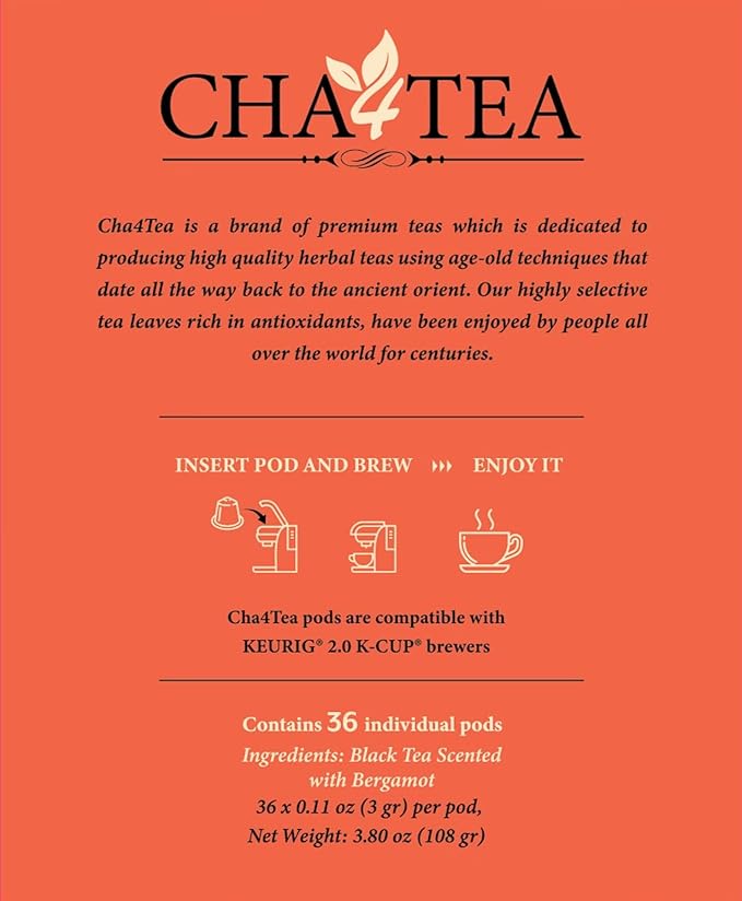 Cha4TEA 36-Count Earl Grey Tea Pods Compatible with Keurig K-Cup Bold Black Tea with Bergamot Flavor