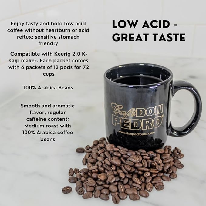 Cafe Don Pedro Breakfast Blend Low Acid Coffee Pods for Keurig K-cup -72 K Cups - Medium Roast Naturally Low AcdC Coffee K Cups -100% Arabica Stone Ground Smooth and Bold Flavor