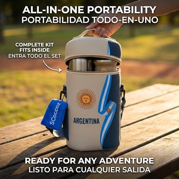 Yerba Mate Cup Set – Complete Argentine Yerba Mate Kit - 750 ml Stainless Steel Bottle Mate Gourd Bombilla Neoprene Bag Yerba Container &amp Gift Box (Cinta Argentina con Sol)