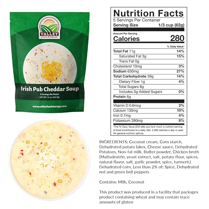 Valley Food Storage Irish Pub Cheddar Potato Soup 10-Bag Bucket 50 Servings | Premium Non-GMO Emergency Food Supply with 25 Year Shelf Life | Survival Meals Prepper Food Camping &amp Off-Grid Supp
