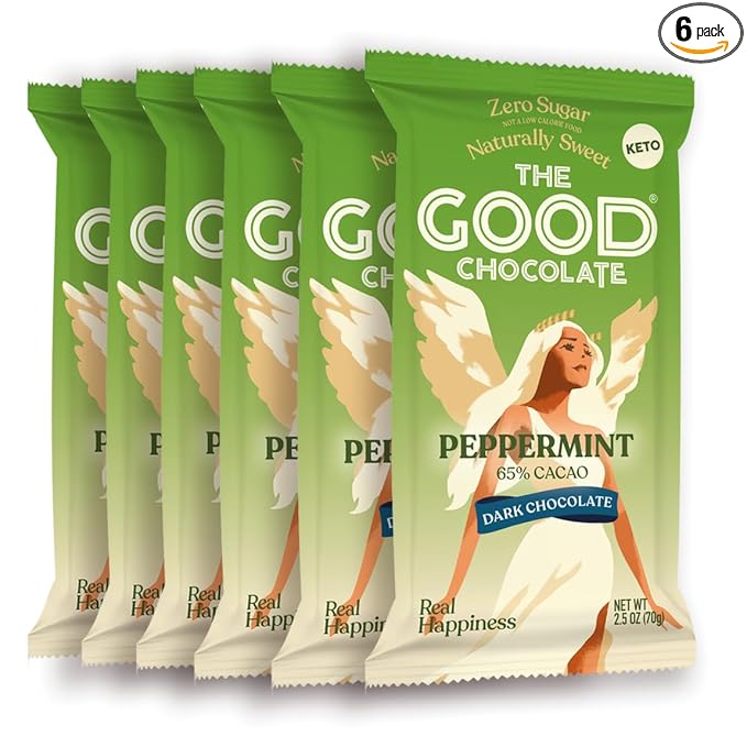 THE GOOD CHOCOLATE – Peppermint Dark Chocolate Bars with Zero Sugar &amp Lower Net Carbs – Keto Chocolate Bar with Lower Calories All Natural and Non-GMO Keto Snacks 2.5 oz (6 Bars Value Pack)