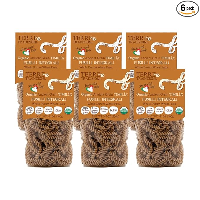6 PACKS ORGANIC ITALIAN WHOLE DURUM WHEAT FUSILLI PASTA – Sicilian Ancient Grain Timilia Vegan Pasta Crafted in Italy. LOW-GLUTEN INDEX. Has 6X More Fiber and Protein than Popular Grains. Al dente tex