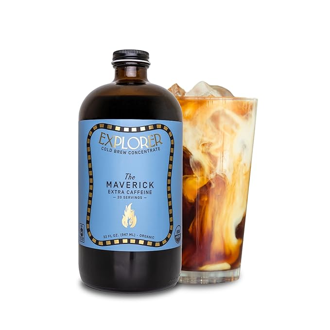 Explorer Cold Brew Organic Coffee Concentrate Maverick Extra Caffeine Drink Iced or Hot 32 fl oz Makes 20+ Cups