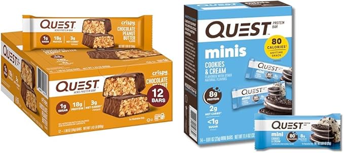Quest Nutrition Crispy Chocolate Peanut Butter Hero Protein Bar 18g Protein 1g Sugar 3g Net Carb Gluten Free Keto Friendly 12 Count and Mini Cookies &amp Cream Protein Bars High Protein Low Carb Keto