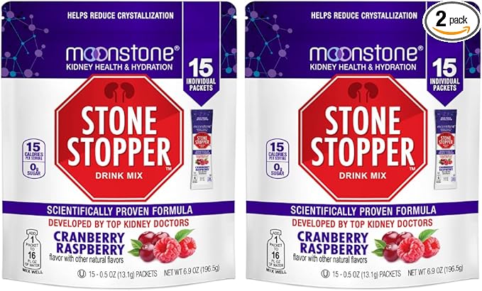 Stone Stopper Drink Mix Cranberry Raspberry Kidney Stone Prevention Calcium Oxalate Protector Developed by Urologists to Improve Hydration &amp Support Kidney Health 15 Day Supply – 2 Pack