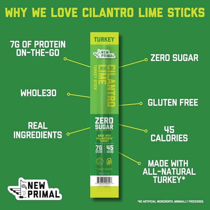 New Primal Cilantro Lime Turkey Sticks Keto Gluten Free Healthy Snacks for Adults Sugar Free Low Carb High Protein Paleo Whole30 Jerky Meat Stick 7g Protein 45 Calories 1oz (Pack of 20)