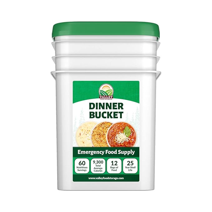 Valley Food Storage 60 Serving Dinner Bucket | Premium Emergency Food Supply with 25 Year Shelf Life | Non-GMO Survival Food Prepper Meals Camping &amp Off-Grid Living Supplies | Packaged in USA