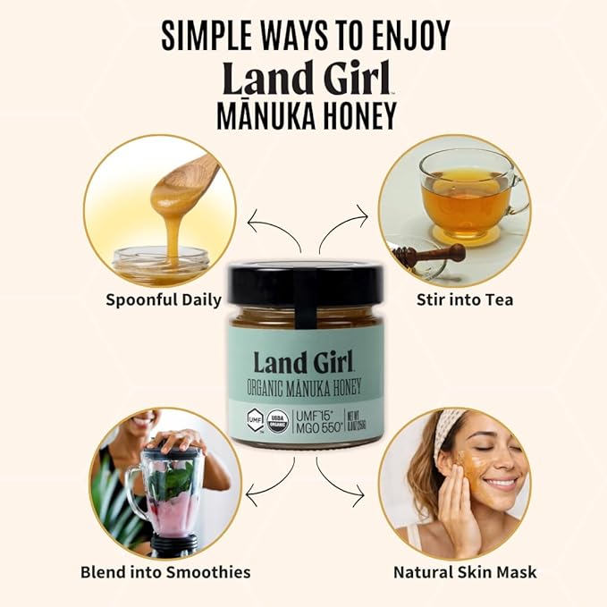 Land Girl Organics New Zealand Raw Premium Manuka Honey | Monofloral USDA Certified Organic Superfood UMF 15+ MGO 550+ Medical Grade 8.8 oz Glass Jar