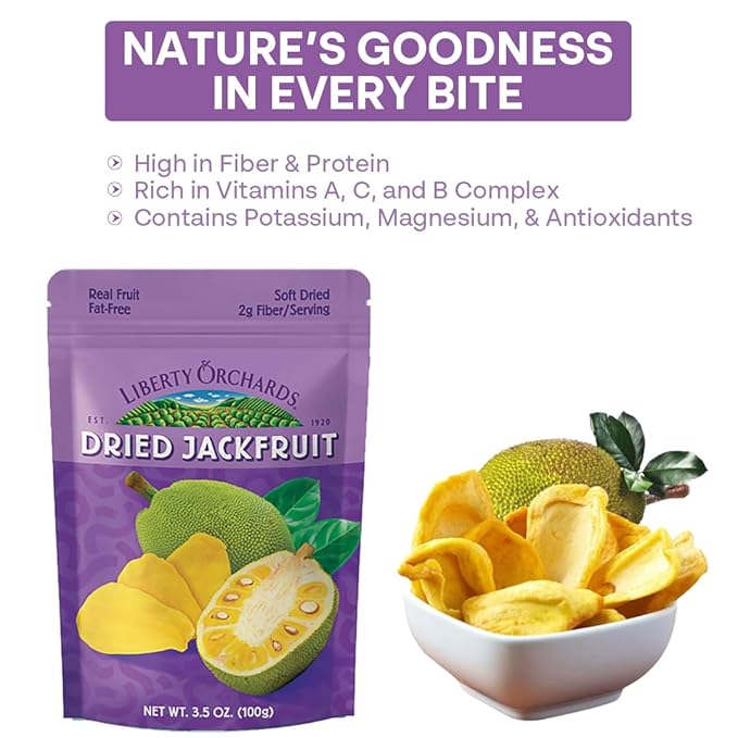 Liberty Orchard Organic Dried Jackfruit - Naturally Sweet Fruit Snacks for Healthy Digestion &amp Busy Lifestyles - Enjoy the Bold Flavor of Jackfruit with Fiber-Rich Snack Packs - 4 Pack
