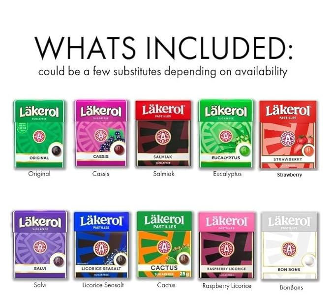 Lakerol Läkerol Sugarfree Pastilles 10-Flavor Variety 0.8 oz packages each in a SOPOSOPO Box (Total of 10 items) SÖPÖSÖPÖ Box