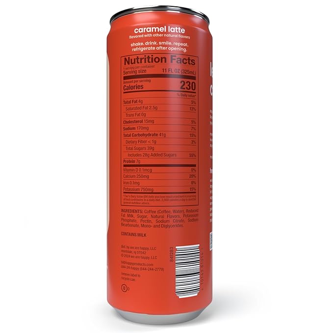 happy coffee canned caramel latte 11 oz. cans 12 pack notes of marshmallow &amp comfort 100% arabica beans no artificial flavors or sweeteners