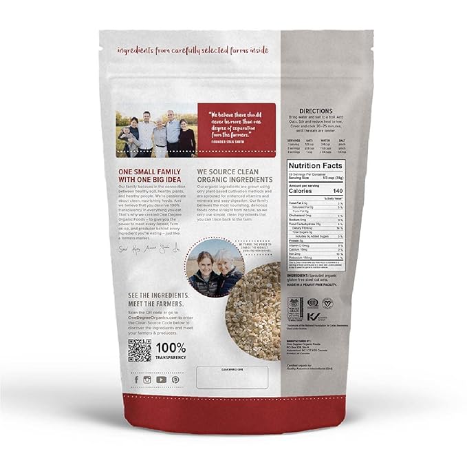 One Degree Organic Foods Sprouted Steel Cut Oats USDA Organic Non-GMO Gluten Free Oatmeal 24 oz. 8 Pack