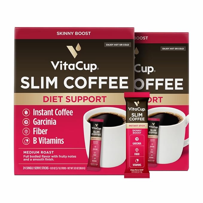 VitaCup Slim Instant Coffee Packets with Garcinia Fiber B Vitamins Skinny Coffee Bold &amp Smooth Medium Dark Roast 100% Arabica Coffee in Single Serve Sticks 48 Ct