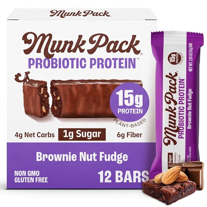 Munk Pack Brownie Nut Fudge Keto Protein Bars | 15g Protein 1g Sugar 4g Net Carbs | Vegan Plant-Based Snacks for Gut Health | 12 Count