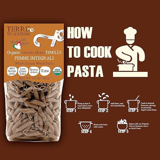 Tere e Tradizionni Organic Timilia/Tumminia Low-Gluten Index Whole Wheat Penne Pasta - Ancient Grains Grown in Sicily Italy - Al Dente Texture - Non-Gmo - Lower Carb - No Sugar Added - High in Fiber a