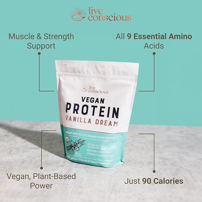 Live Conscious Vegan Pea Protein Powder - Vanilla Dream Flavor | Plant-Based Vegan Protein Blend - Pea Brown Rice Pumpkin Sacha Inchi | 20 Servings 18 oz