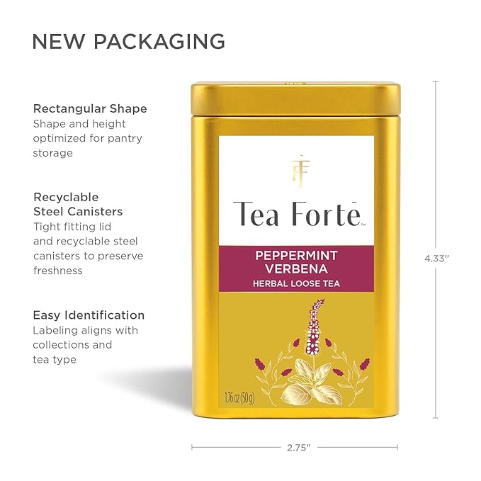 Tea Forte Peppermint Verbena Premium Loose Leaf Caffeine-Free Herbal Tea Blend Canister Makes 35-50 Cups