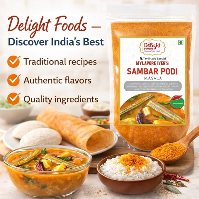 Delight Foods Mylapore Iyer's Sambar Podi 350g - Ready Masalas and Podi | Mixed Spices | Tamil Nadu Special | NO PRESERVATIVES