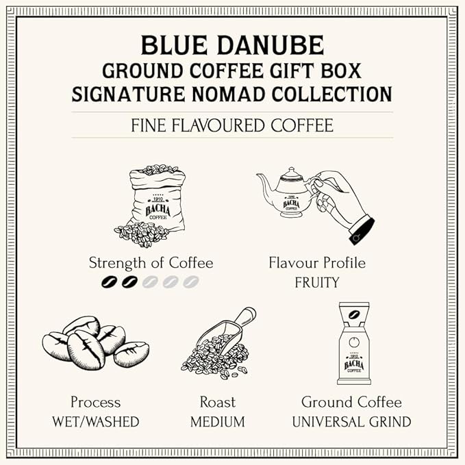 Bacha Coffee | Blue Danube Fine Flavoured Ground Beans Medium Roast 100% Arabica Specialty Coffee 250g Signature Nomad Collection Gift Box