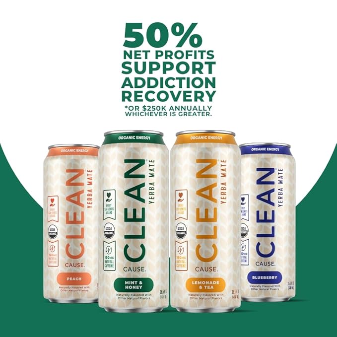 NEW! CLEAN Cause Variety Pack Organic Yerba Mate Tea (15.5oz cans 12-Pack Case 4 flavors) Non-Carbonated 160mg Caffeine