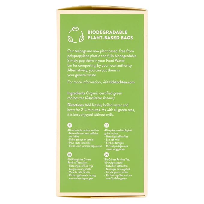 TICK TOCK TEAS Organic Rooibos Tea Green Tea Naturally Caffeine Free Red Bush Herbal Tea Rich in Anti-Oxidants South African Superfood - 40 Count (Pack of 4) Packaging May Vary