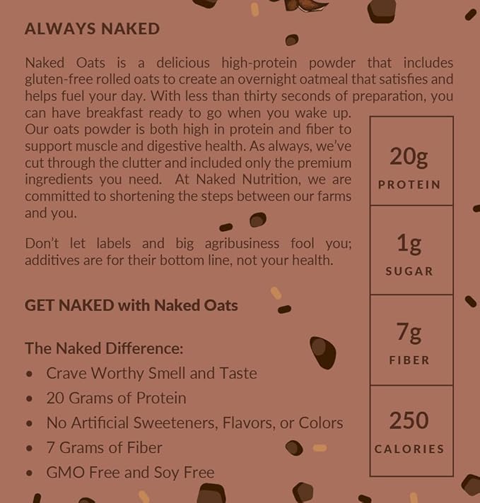Naked Oats - Double Chocolate Overnight Oats 20g Grass-Fed Protein Gluten-Free Oatmeal Instant Breakfast or Shake High Protein Oatmeal High Fiber Breakfast Shake Non GMO No Soy - 12 Servings