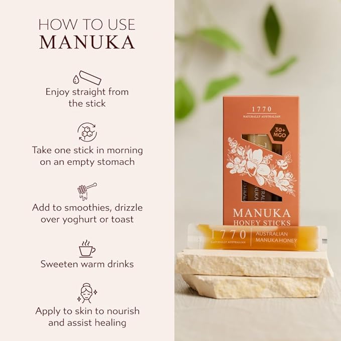 1770 Naturally Australian MGO 30+ Manuka Honey Sticks 30 x 15g Organic Honey for Tea Yogurt &amp Travel Snacks