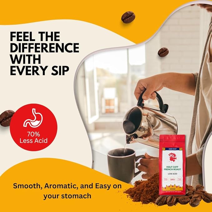 Puroast Low Acid Coffee Half Caff | Half Caff French Roast Ground | Dark Roast | High Antioxidants &amp High pH |No Bitter Aftertaste | Reduced Heartburn &amp GERD | Suitable for Cold Brew - 2.2 LB