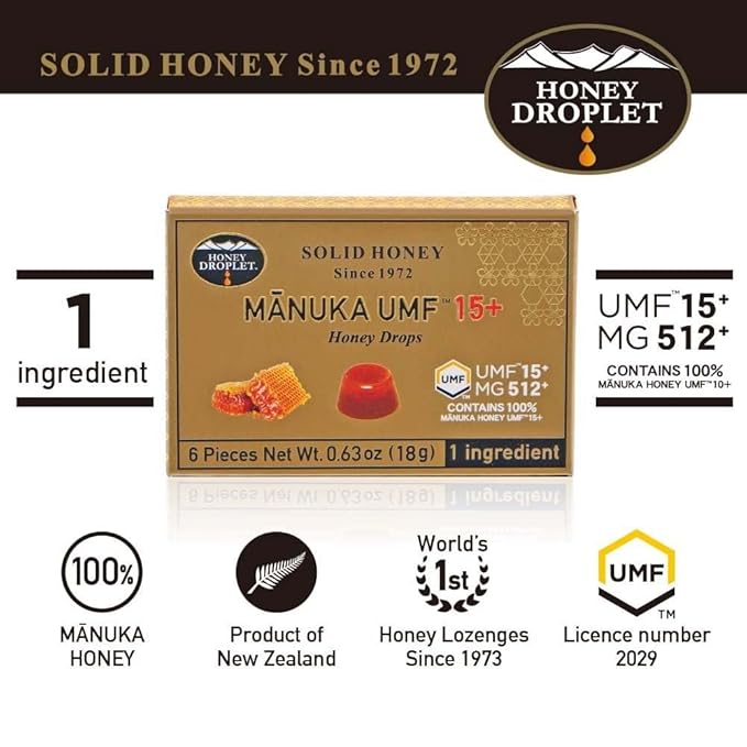 HONEY DROPLET] UMF™15+ (MG 512+) 100% Manuka Honey Drops Truly Natural from New Zealand 1 Premium Ingredient 12 Packs (Original Flavor)