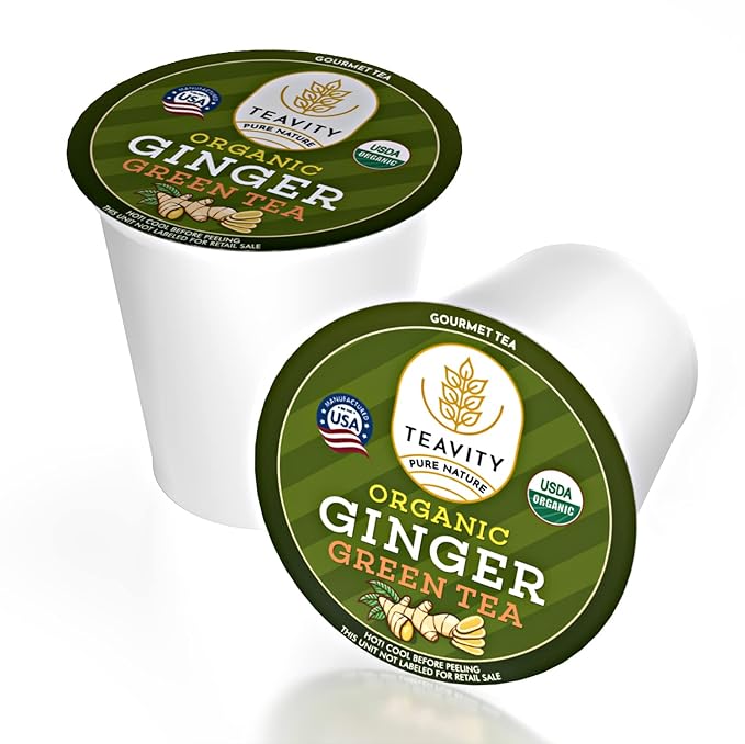 Green Tea &amp Ginger Tea Pods for Keurig - Caffeinated Organic Dye Free Unsweetened Herbal Blend for K Cup Machines - Hot or Iced (24 Tea Pods)