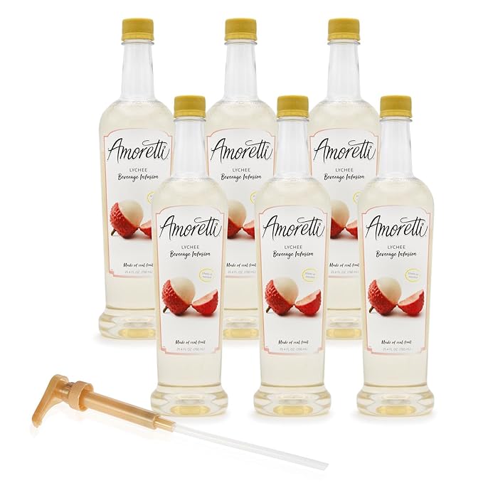 Amoretti - Lychee Beverage Infusion 94 Servings Per Bottle (750 ml) - Drink Mix &amp Water Enhancer with Pump for Flavoring Cocktails Waters Teas and other Beverages Preservative Free