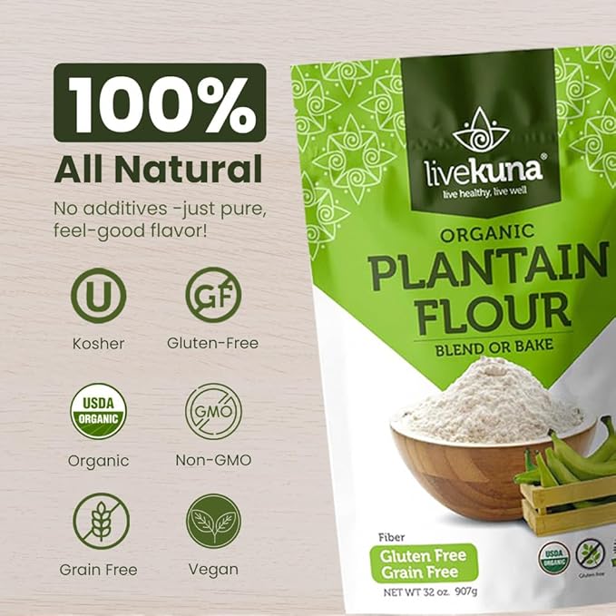 LiveKuna Organic Plantain Flour - Gluten Free All Purpose Flour Alternative For Baking &amp Cooking Recipes - Grain Free Vegan Plantain Flour Rich In Fiber &amp Vitamins for Keto &amp Paleo Diets