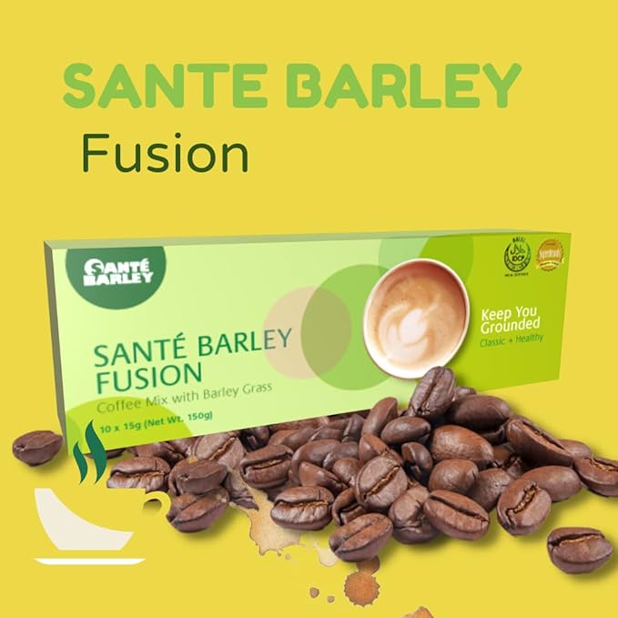 Sante Barley Fusion - A Blend of 100% Young Organic Barley from New Zealand &amp flavorful Robusta Coffee - 10 Sachets per Box!