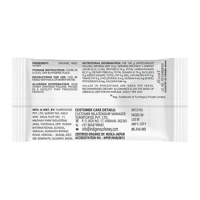 INDIGENOUS HONEY Organic Natural Wild Honey Raw Pure Unprocessed Added Sugar Free NMR Tested Unpasteurized Unheated 15 Sachets Gift Pack 15g Each Total 225g