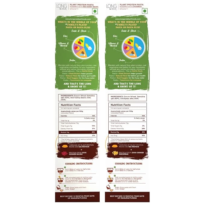 Long&ampShort Protein Spaghetti Combo | Red Kidney Beans + Chickpeas | No Maida Vegan Nutritious Healthy Natural Fiber | Pack of 2 x 250g