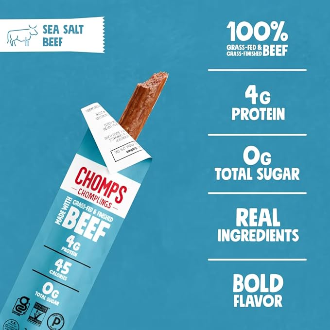 Chomps Snack Size Grass-Fed and Finished Sea Salt Beef Jerky Snack Sticks 0.5oz 24-Pack - Keto Paleo Whole30 4g Lean Meat Protein Gluten-Free Zero Sugar Food Non-GMO Chomplings