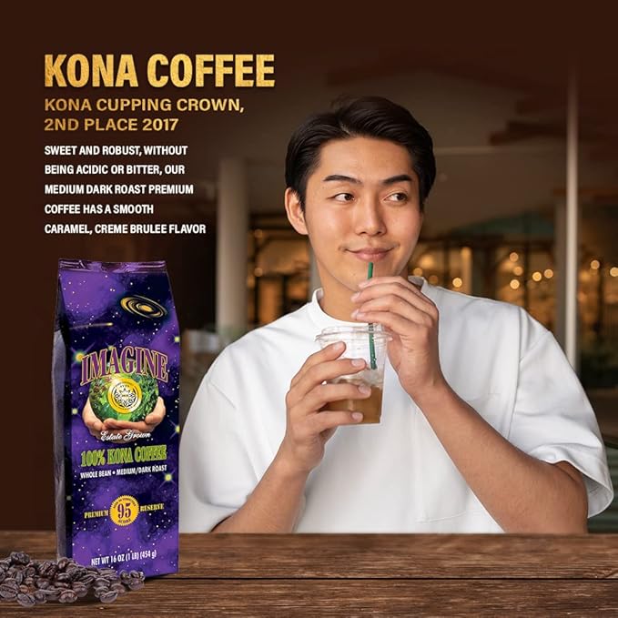 Imagine Kona Coffee Whole Bean | Arabica Kona Beans | Top Grade Air Roasted Organic Coffee Beans | Medium Dark Roast | Organic Whole Bean - 16oz