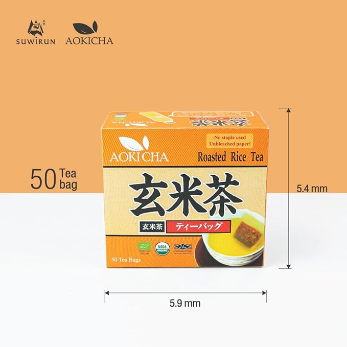 Suwirun Aoki Cha Organic Genmaicha 50 Bags – Roasted Rice &amp Green Tea Blend – Nutty Toasty Aroma Low Caffeine – Eco-Friendly Unbleached Tea Bags for Hot &amp Cold Brew