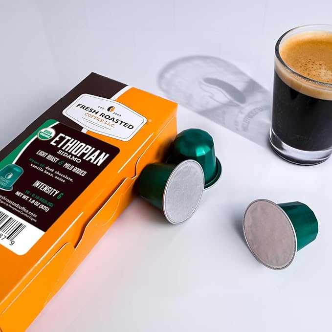 Fresh Roasted Coffee for Nespresso OriginalLine Single Origin Organic Ethiopian Sidamo Medium 10 Count Aluminum Capsules