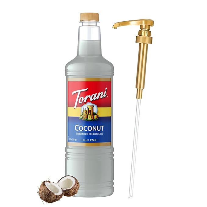 Torani Coconut Syrup 1 Liter Bottle with Pump – Premium Drink Flavoring Made with Pure Cane Sugar &amp Natural Flavors for Coffee Cocktails Smoothies &amp Desserts – Authentic Creamy Coconut Sweet